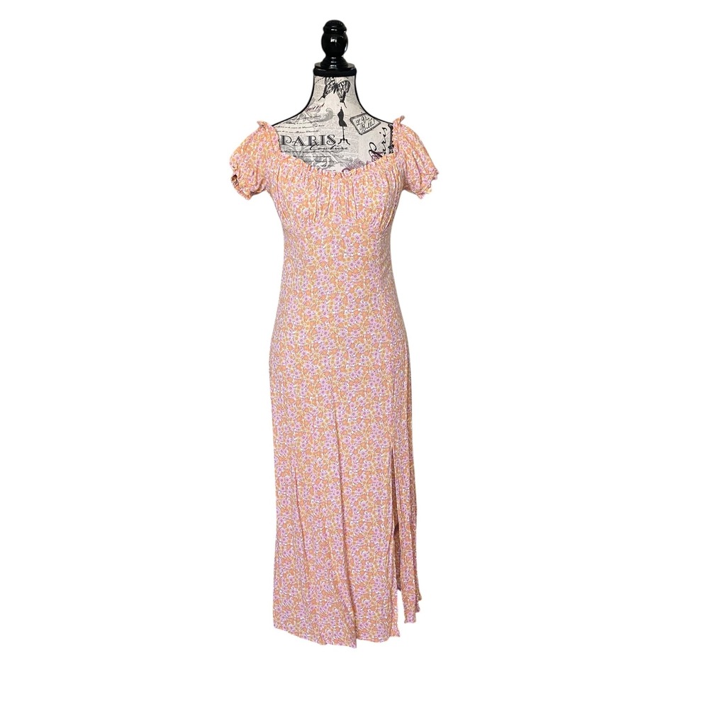 H&M Floral Midi Dress Womens Small Pink Orange Milkmaid Puff Sleeve Slit Boho